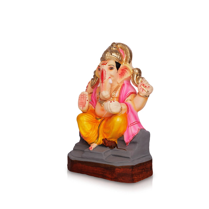 Sitting Ganesh Murti- 12 x 6.5 Inches | Clay Sculpture/ Left Trunk Vinayaka Statue With Crown/Ganapati Chaturthi