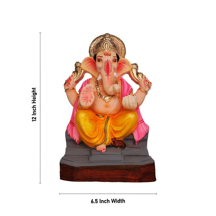 Sitting Ganesh Murti- 12 x 6.5 Inches | Clay Sculpture/ Left Trunk Vinayaka Statue With Crown/Ganapati Chaturthi