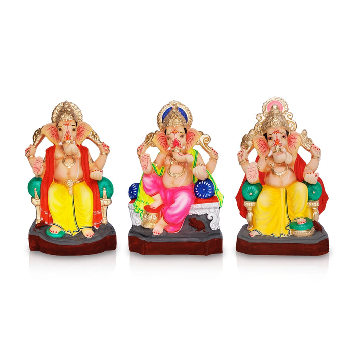 Sitting Ganesh Murti- 13 x 7.5 Inches | Clay Sculpture/ Left Trunk Vinayaka Statue With Crown/Ganapati Chaturthi