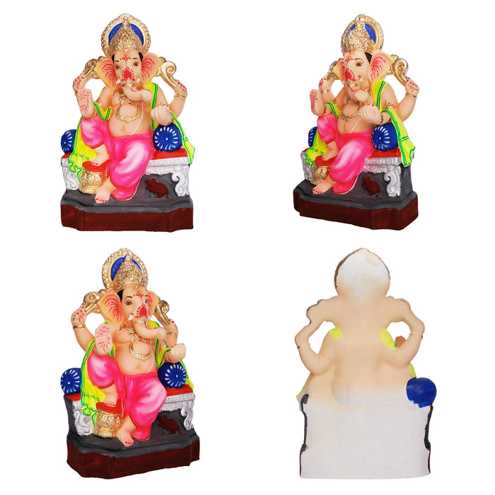 Sitting Ganesh Murti- 13 x 7.5 Inches | Clay Sculpture/ Left Trunk Vinayaka Statue With Crown/Ganapati Chaturthi