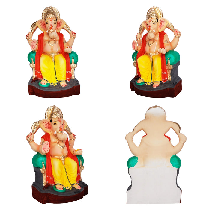 Sitting Ganesh Murti- 13 x 7.5 Inches | Clay Sculpture/ Left Trunk Vinayaka Statue With Crown/Ganapati Chaturthi
