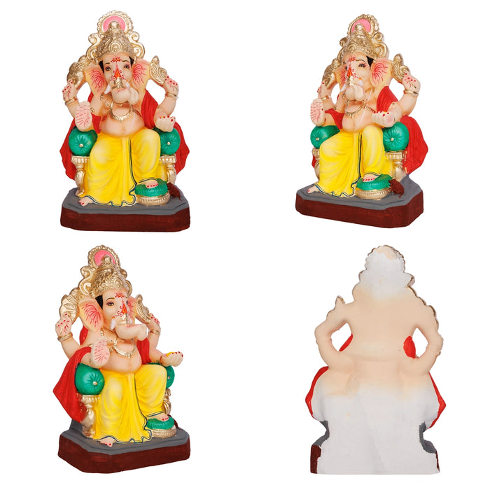 Sitting Ganesh Murti- 13 x 7.5 Inches | Clay Sculpture/ Left Trunk Vinayaka Statue With Crown/Ganapati Chaturthi