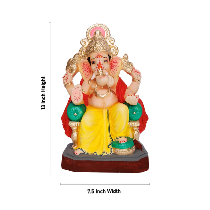 Sitting Ganesh Murti- 13 x 7.5 Inches | Clay Sculpture/ Left Trunk Vinayaka Statue With Crown/Ganapati Chaturthi