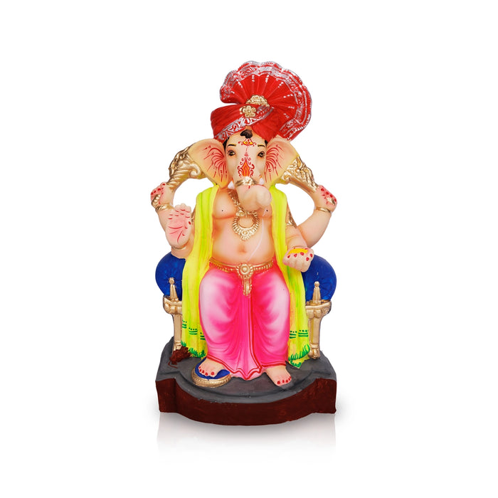 Sitting Ganesh Murti- 13 x 7.5 Inches | Left Trunk Vinayaka Statue With Crown/ Clay Sculpture/Ganapati Chaturthi