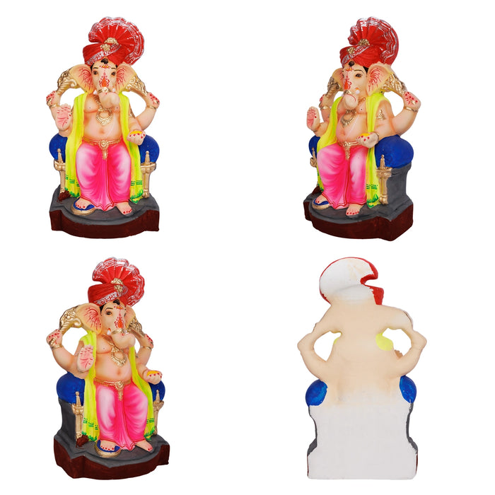 Sitting Ganesh Murti- 13 x 7.5 Inches | Left Trunk Vinayaka Statue With Crown/ Clay Sculpture/Ganapati Chaturthi