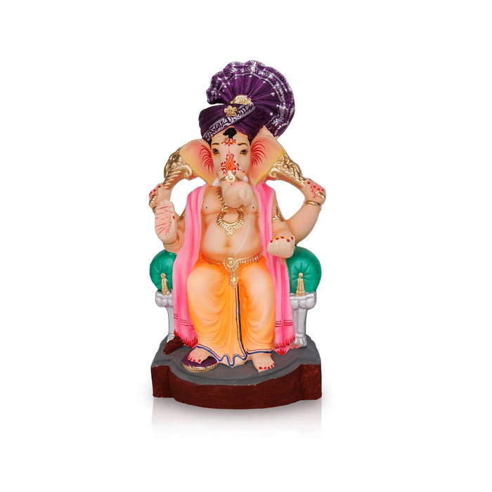 Sitting Ganesh Murti- 13 x 7.5 Inches | Left Trunk Vinayaka Statue With Crown/ Clay Sculpture/Ganapati Chaturthi