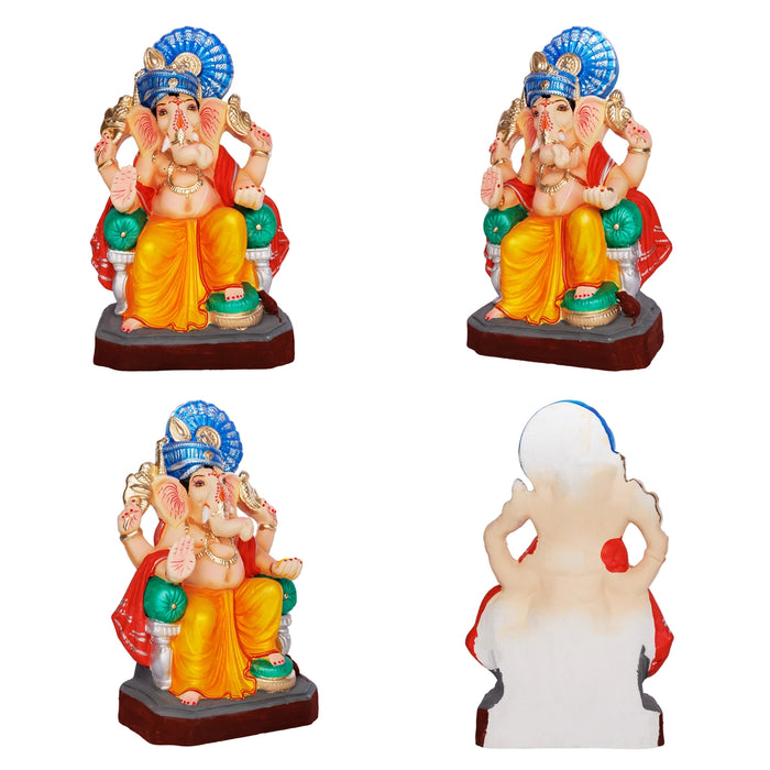 Sitting Ganesh Murti- 13 x 7.5 Inches | Left Trunk Vinayaka Statue With Crown/ Clay Sculpture/Ganapati Chaturthi