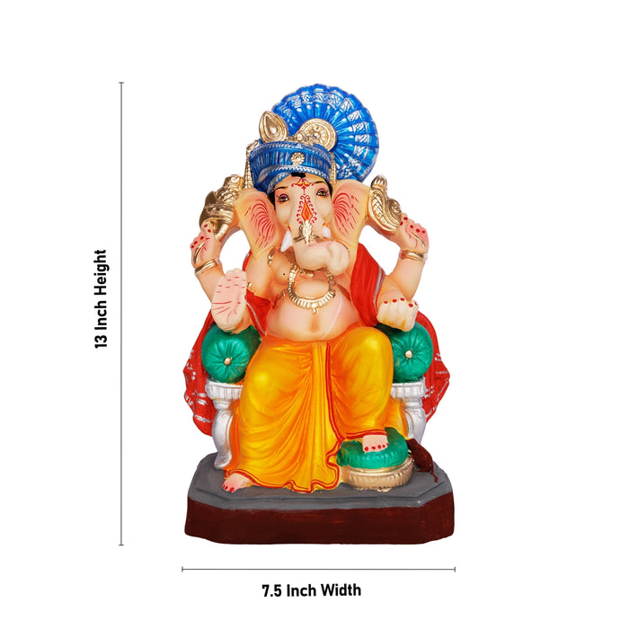 Sitting Ganesh Murti- 13 x 7.5 Inches | Left Trunk Vinayaka Statue With Crown/ Clay Sculpture/Ganapati Chaturthi