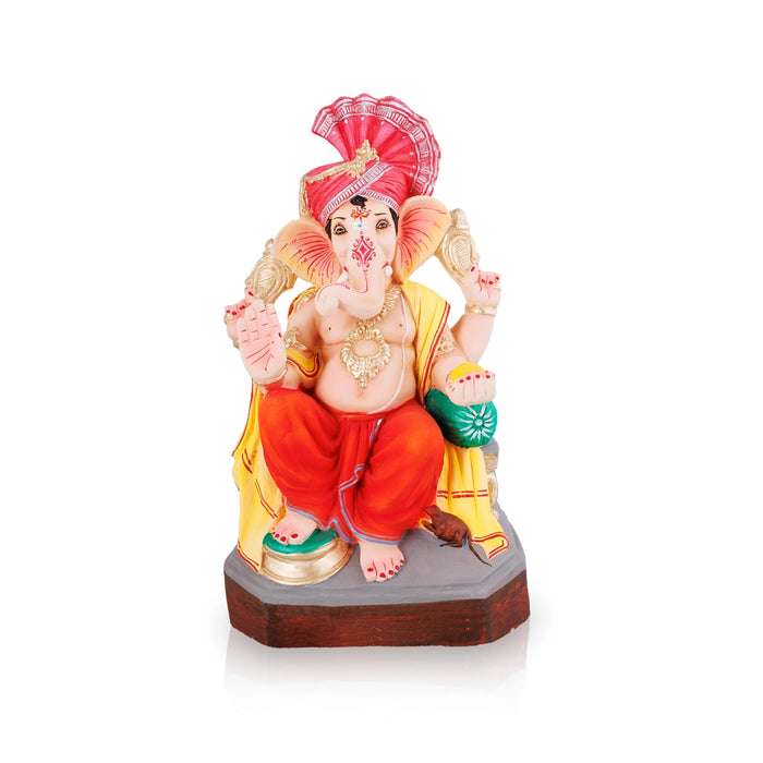 Sitting Ganesh Murti- 17 x 8.5 Inches | Right Trunk Vinayaka Statue With Crown/ Clay Sculpture/Ganapati Chaturthi