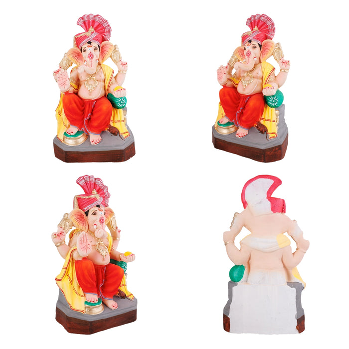 Sitting Ganesh Murti- 17 x 8.5 Inches | Right Trunk Vinayaka Statue With Crown/ Clay Sculpture/Ganapati Chaturthi