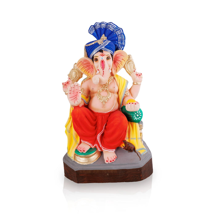Sitting Ganesh Murti- 17 x 8.5 Inches | Right Trunk Vinayaka Statue With Crown/ Clay Sculpture/Ganapati Chaturthi