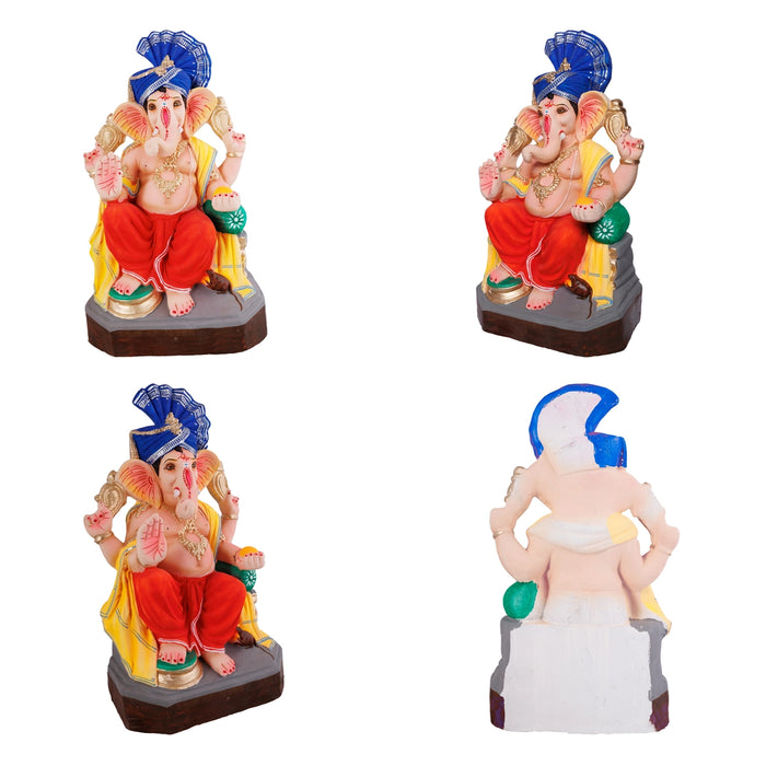 Sitting Ganesh Murti- 17 x 8.5 Inches | Right Trunk Vinayaka Statue With Crown/ Clay Sculpture/Ganapati Chaturthi
