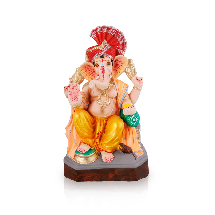 Sitting Ganesh Murti- 17 x 8.5 Inches | Right Trunk Vinayaka Statue With Crown/ Clay Sculpture/Ganapati Chaturthi