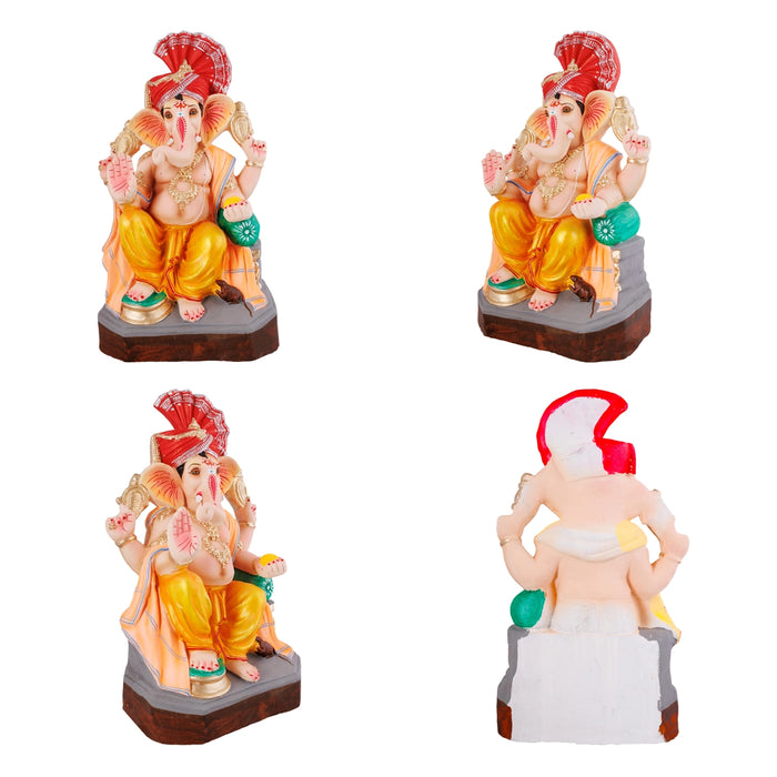 Sitting Ganesh Murti- 17 x 8.5 Inches | Right Trunk Vinayaka Statue With Crown/ Clay Sculpture/Ganapati Chaturthi