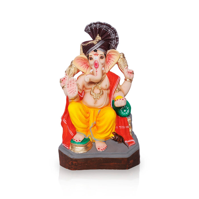 Sitting Ganesh Murti- 17 x 8.5 Inches | Right Trunk Vinayaka Statue With Crown/ Clay Sculpture/Ganapati Chaturthi