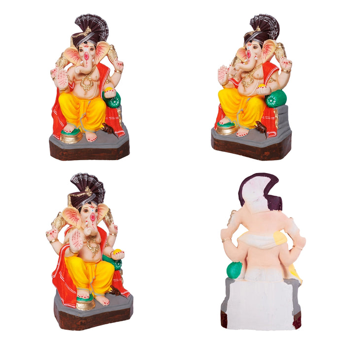Sitting Ganesh Murti- 17 x 8.5 Inches | Right Trunk Vinayaka Statue With Crown/ Clay Sculpture/Ganapati Chaturthi