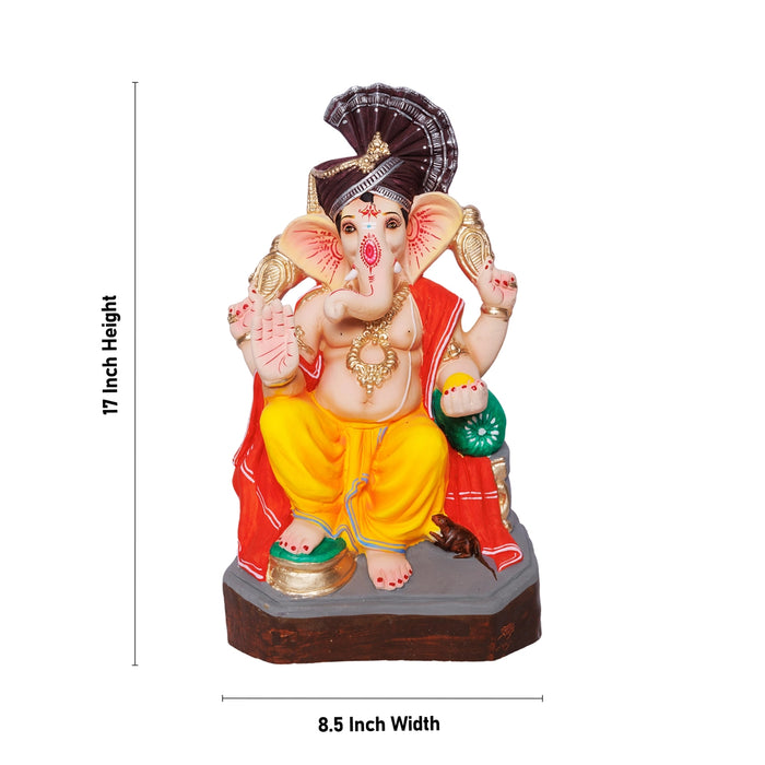 Sitting Ganesh Murti- 17 x 8.5 Inches | Right Trunk Vinayaka Statue With Crown/ Clay Sculpture/Ganapati Chaturthi