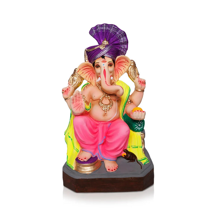 Sitting Ganesh Murti - 17 x 8.5 Inches | Left Trunk Ganpati/ Clay Vinayaka Idol With Diwan for Ganesh Chaturthi/ Assorted Colour