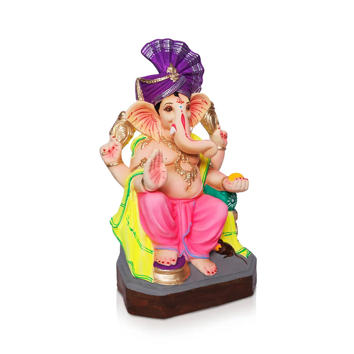 Sitting Ganesh Murti - 17 x 8.5 Inches | Left Trunk Ganpati/ Clay Vinayaka Idol With Diwan for Ganesh Chaturthi/ Assorted Colour