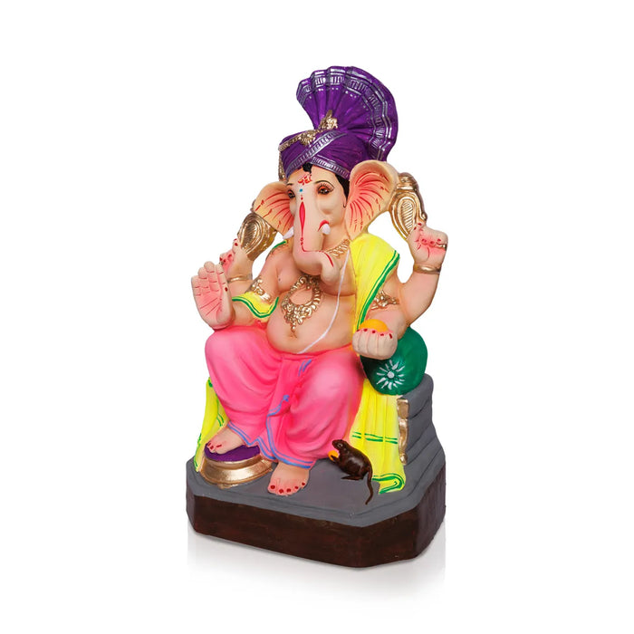 Sitting Ganesh Murti - 17 x 8.5 Inches | Left Trunk Ganpati/ Clay Vinayaka Idol With Diwan for Ganesh Chaturthi/ Assorted Colour