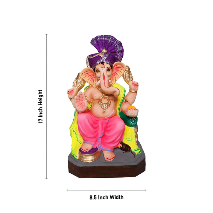 Sitting Ganesh Murti - 17 x 8.5 Inches | Left Trunk Ganpati/ Clay Vinayaka Idol With Diwan for Ganesh Chaturthi/ Assorted Colour