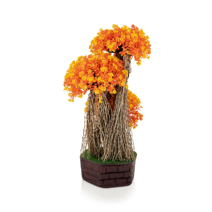 Artificial Bonsai Plant - 12.5 x 8 Inches | Orange Flower Bonsai Tree/ Fake Plant with Decorative Pot