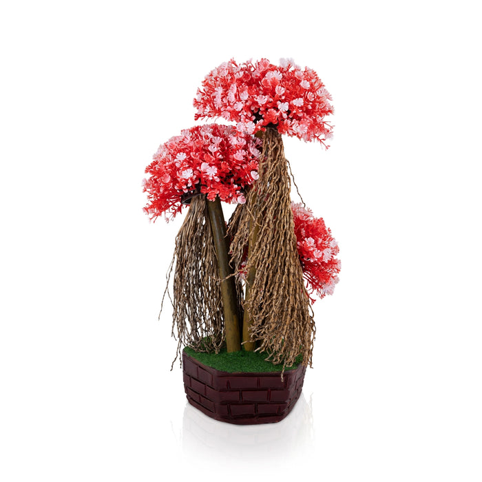 Artificial Bonsai Plant - 12.5 x 8 Inches | Decorative Indoor Plant/ Red & Pink Flower Tree with Pot For Office