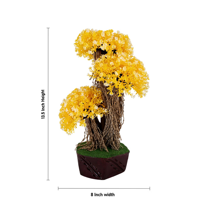 Artificial Bonsai Plant - 13.5 x 8 Inches | Yellow Flower Tree with Pot/ Decorative Fake plants For Table Top