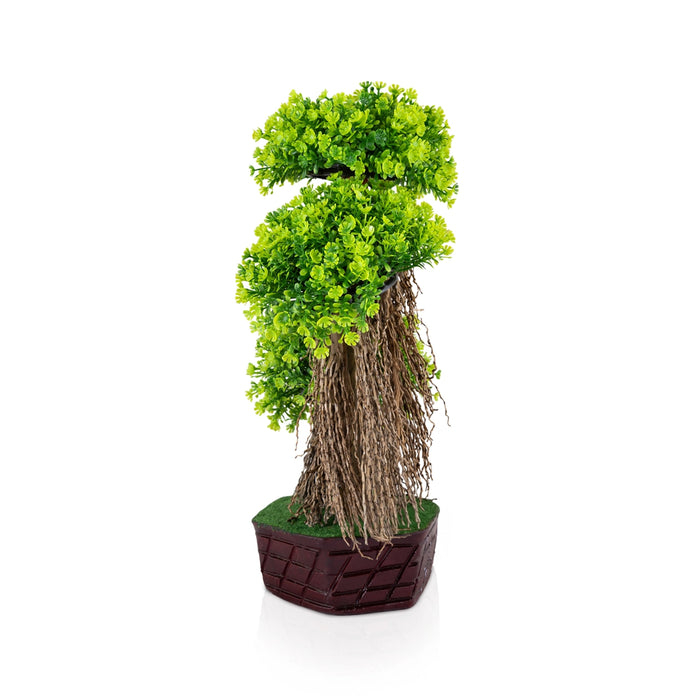 Artificial Bonsai Plant - 14 x 8 Inches| Faux Tree/ Triple Lush Green Leaf Canopy with Pot for Table Top