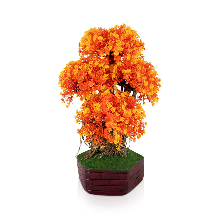 Artificial Bonsai Plant - 14 x 9 Inches | Fake Tree/ Orange Floral Plant with Pot for Office