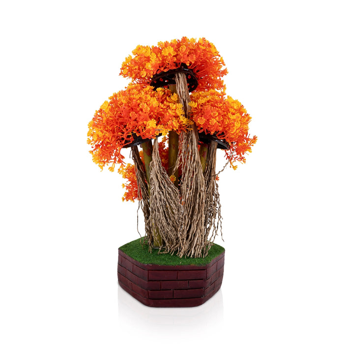 Artificial Bonsai Plant - 14 x 9 Inches | Fake Tree/ Orange Floral Plant with Pot for Office