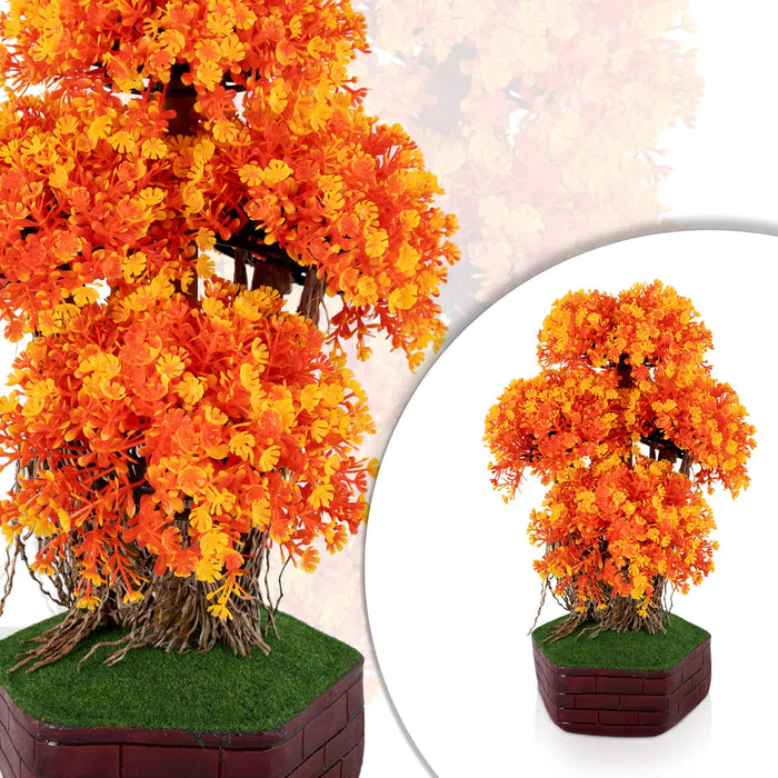Artificial Bonsai Plant - 14 x 9 Inches | Fake Tree/ Orange Floral Plant with Pot for Office