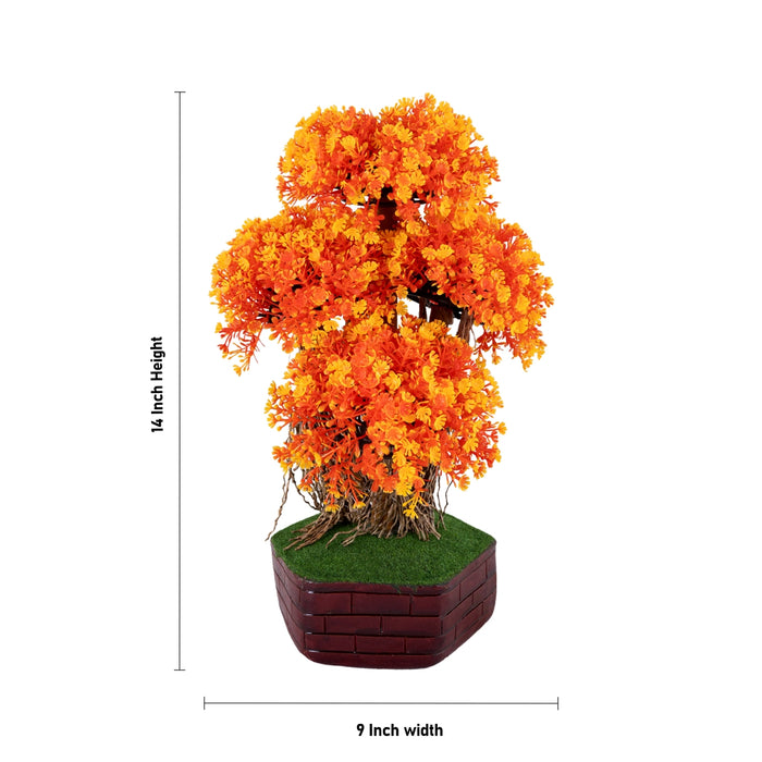 Artificial Bonsai Plant - 14 x 9 Inches | Fake Tree/ Orange Floral Plant with Pot for Office