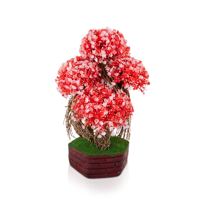 Artificial Bonsai Plant - 13 x 9 Inches | Red & Pink Floral Tree/ Indoor Plant with Pot for Home