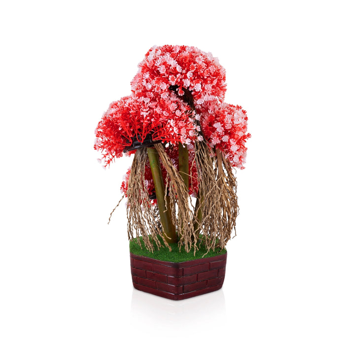 Artificial Bonsai Plant - 13 x 9 Inches | Red & Pink Floral Tree/ Indoor Plant with Pot for Home