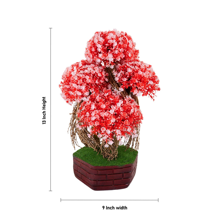 Artificial Bonsai Plant - 13 x 9 Inches | Red & Pink Floral Tree/ Indoor Plant with Pot for Home