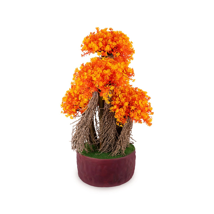 Artificial Bonsai Plant - 11 x 8.5 Inches | Orange Flower Indoor Plant/ Multi-Layer Tree for Office