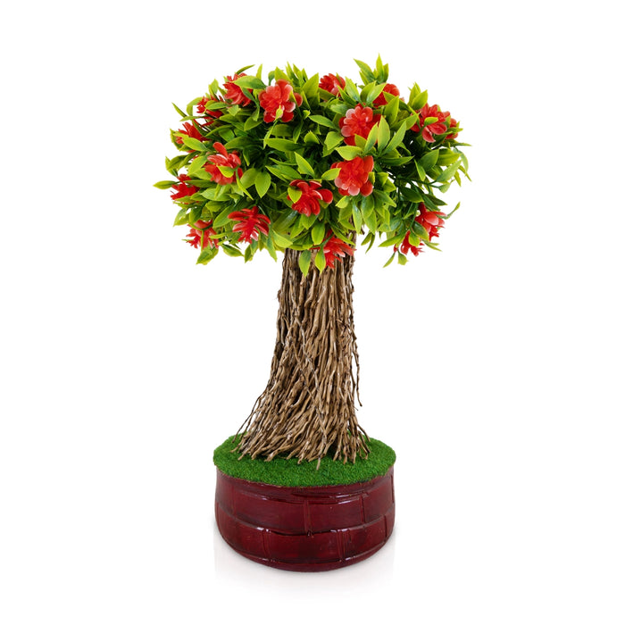 Artificial Bonsai Plant - 10.5 x 6 Inches | Red Flower Tree/ Fake Plant with Pot For Home