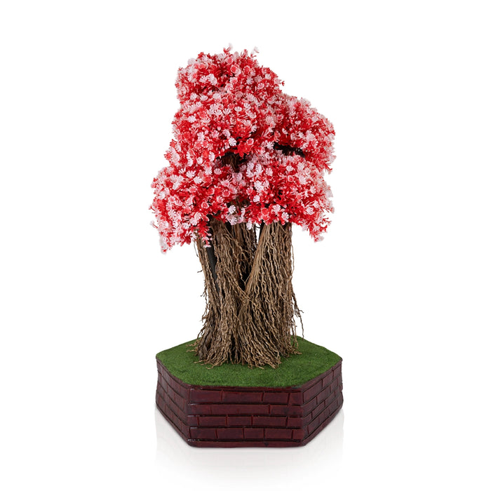 Artificial Bonsai Plant - 19 x 7 Inches | Fake Plants/ Red & White Floral Foliage with Layered Canopy