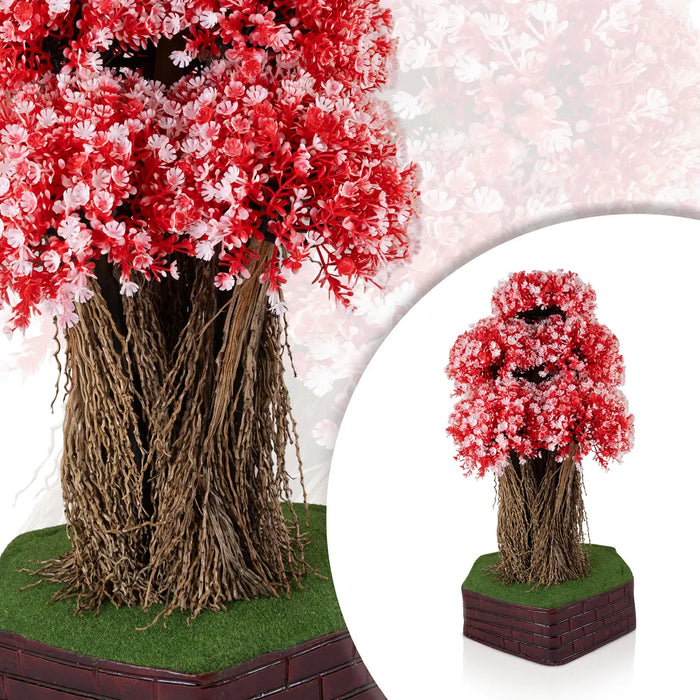 Artificial Bonsai Plant - 19 x 7 Inches | Fake Plants/ Red & White Floral Foliage with Layered Canopy