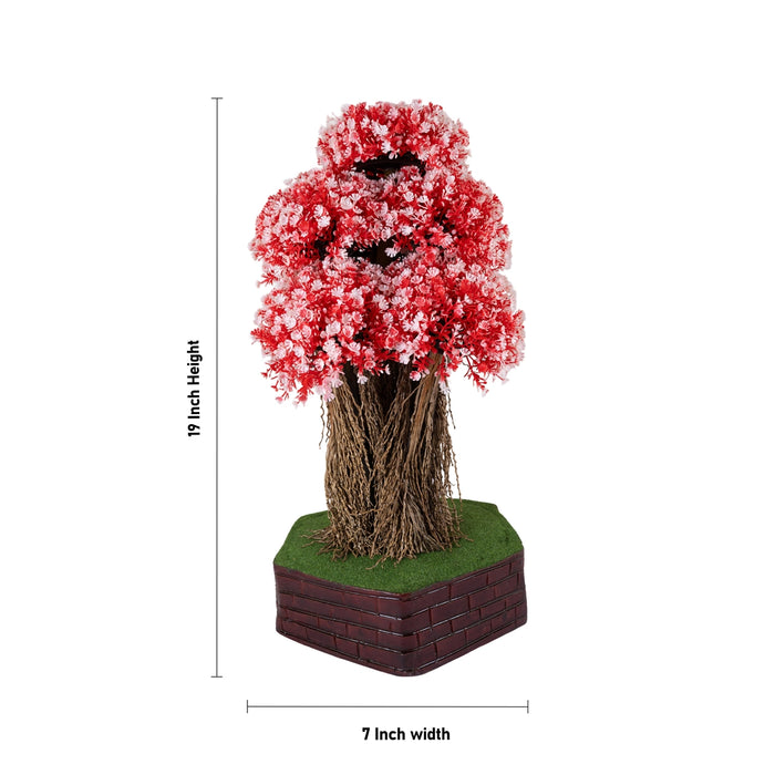 Artificial Bonsai Plant - 19 x 7 Inches | Fake Plants/ Red & White Floral Foliage with Layered Canopy