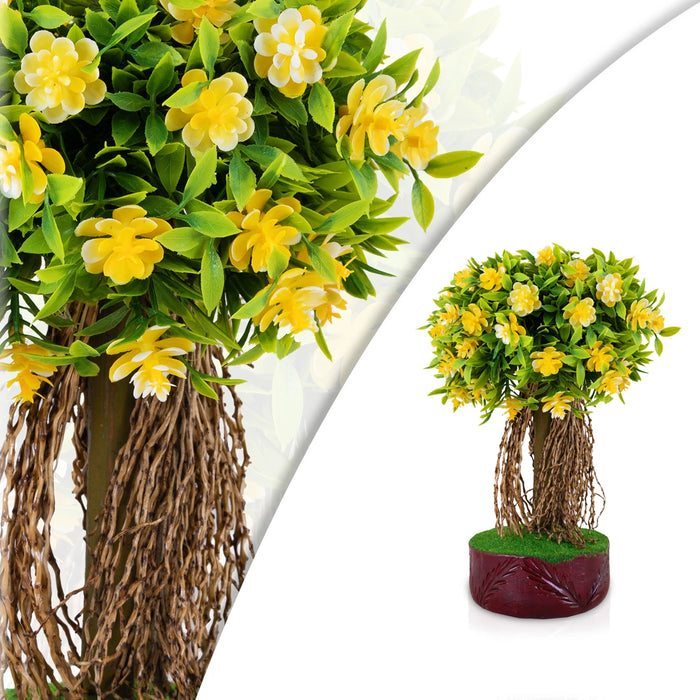 Artificial Bonsai Plant - 10.5 x 5.5 Inches | Decorative Faux Tree / Indoor Yellow Flower Plant for Office Decor