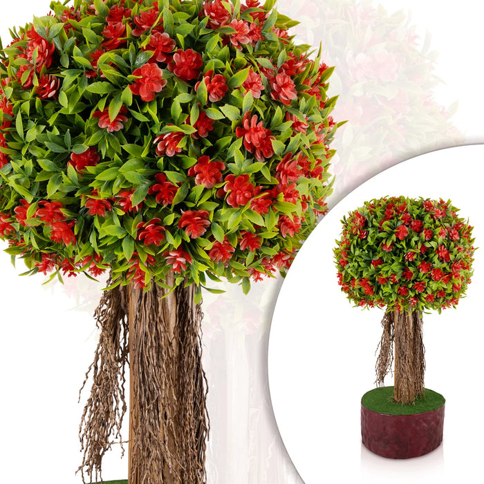 Artificial Bonsai Plant - 19.5 x 9 Inches | Red Flower Plant/ Decorative Faux Tree For Table Decor