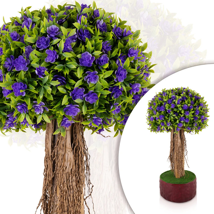 Artificial Bonsai Plant - 18.5 x 9.5 Inches | Purple Flower With Green Leaf Tree/ Fake Plant For Table Top