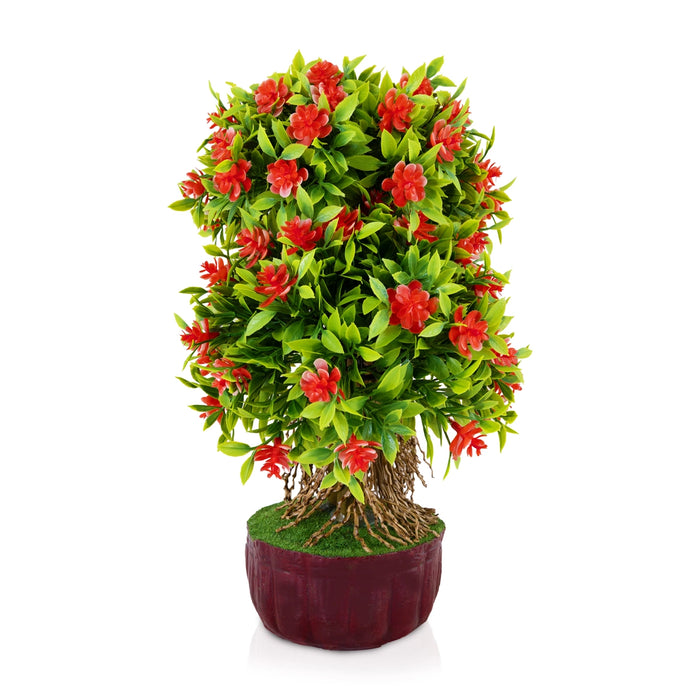 Artificial Bonsai Plant - 11 x 7 Inches | Decorative Faux Tree / Red Flower Plant for Tabletop Decor