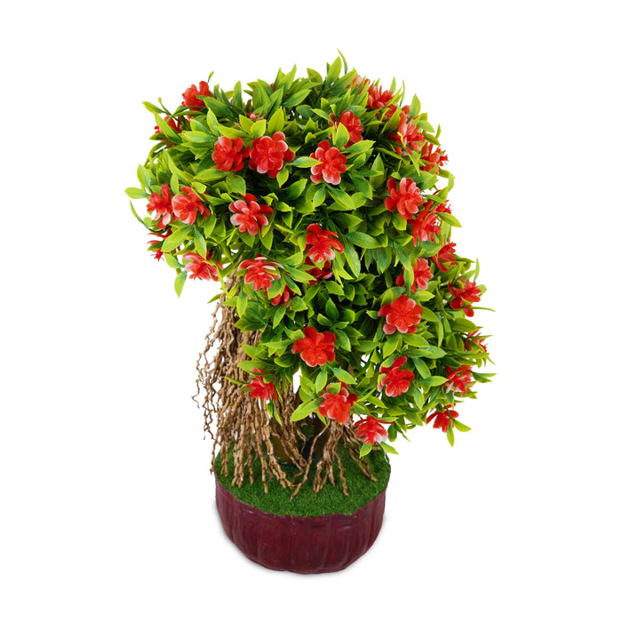 Artificial Bonsai Plant - 11 x 7 Inches | Decorative Faux Tree / Red Flower Plant for Tabletop Decor