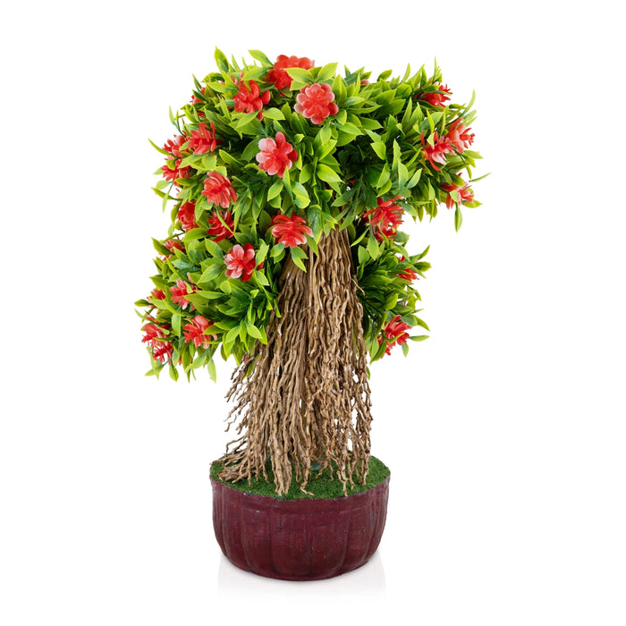 Artificial Bonsai Plant - 11 x 7 Inches | Decorative Faux Tree / Red Flower Plant for Tabletop Decor