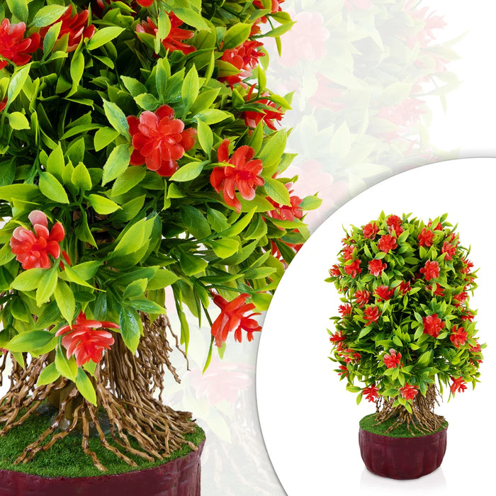 Artificial Bonsai Plant - 11 x 7 Inches | Decorative Faux Tree / Red Flower Plant for Tabletop Decor