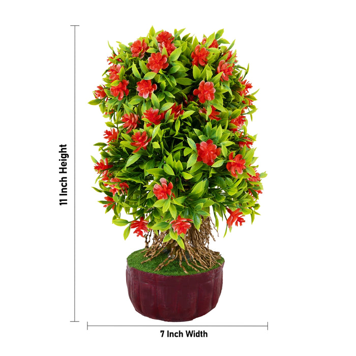 Artificial Bonsai Plant - 11 x 7 Inches | Decorative Faux Tree / Red Flower Plant for Tabletop Decor
