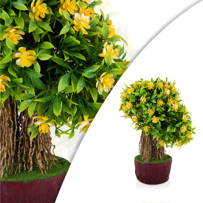 Artificial Bonsai Plant - 11 x 7 Inches | Yellow Flower with Green Leaf Tree/ Decorative Indoor Plant For Home